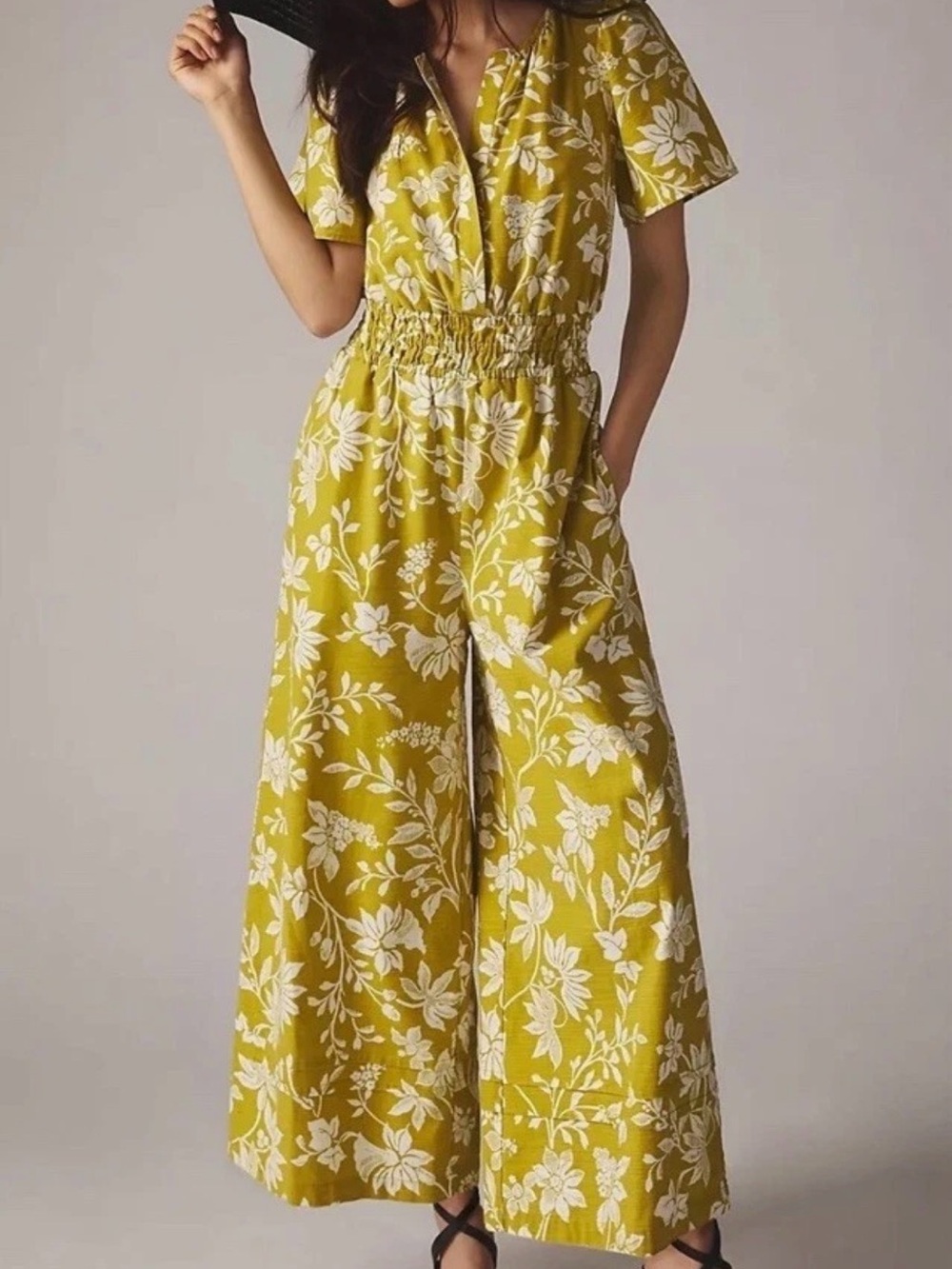 Anthropologie The Somerset Jumpsuit Chartreuse Floral Size Small